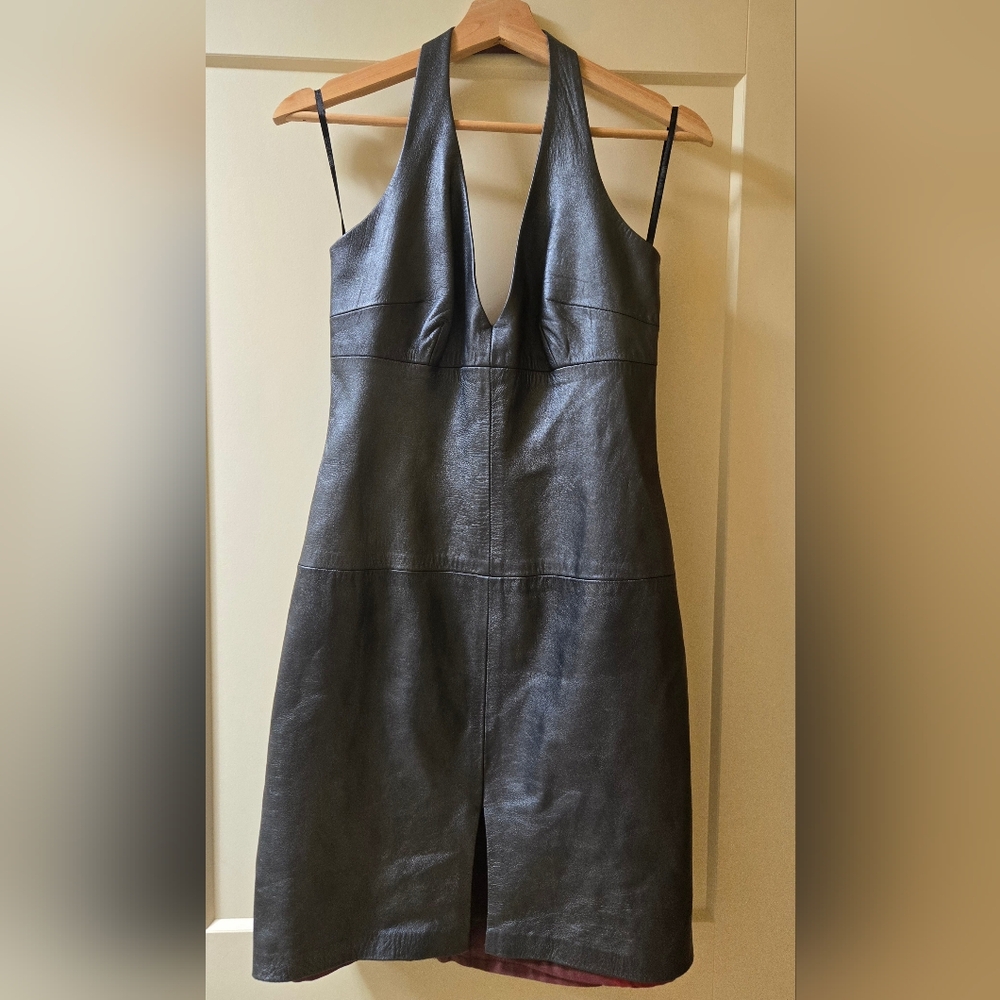 HOT!! Laundry Genuine Gunmetal Leather Halter Dress
